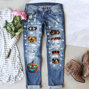 Halloween Women Distressed Denim Jeans With Rhinestone Pumpkin Ghost Print Straight Leg Mid Waist Blue Denim Pants Casual