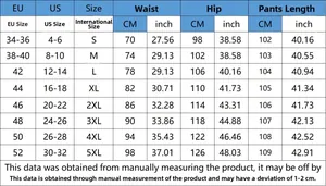 Size chart for straight denim jeans from S to 5XL with EU and US measurements