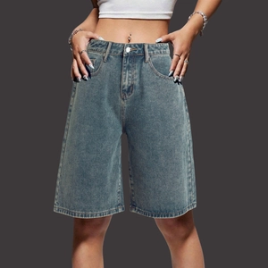 Women's high waist loose blue denim shorts with vintage washed finish and wide leg design