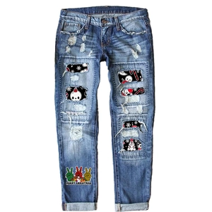 Women Christmas High Waist Ripped Denim Jeans Printed Harem Pants With Santa Hat Skull Snowman Pattern Streetwear Long Trousers