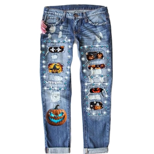 Women straight mid-waist blue distressed jeans with Halloween pumpkin and ghost prints