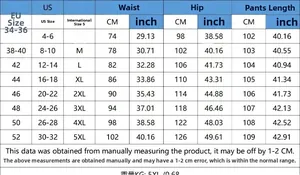 Size chart for straight denim pants covering S to 5XL with EU and US measurement guide