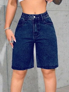 Women's high waisted raw hem bermuda denim shorts in vintage blue washed finish