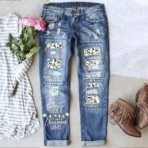 Women's Ripped Straight Leg Jeans Cotton Denim Pants With Christmas Lights Print Lettering Rhinestone Streetwear Blue