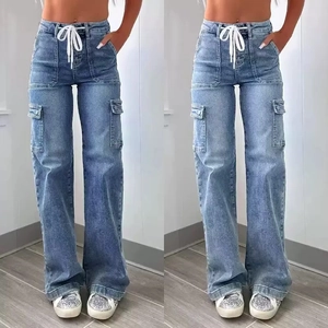 Women High Waist Cargo Jeans Wide Leg Straight Denim Pants With White Drawstring Multi Pockets Washed Streetwear Trousers
