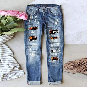 Jeans Femme Jambe Droite Déchiré Patchwork Citrouille Halloween Denim Délavé Distressed Streetwear Tenues De Fête
