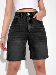 Women high-waist washed dark grey denim shorts with frayed hem and classic five-pocket style