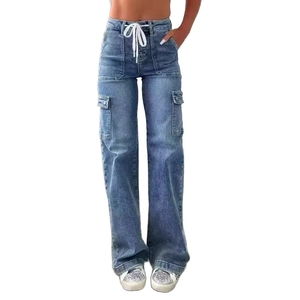 High-waisted loose straight-leg denim cargo pants with white drawstring and side pockets