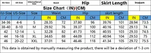 Detailed size chart for retro wide leg pants showing US EU sizes and measurements
