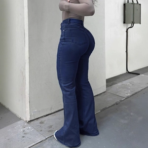 Deep blue high-waisted flare jeans with slimming stretch denim for a flattering silhouette