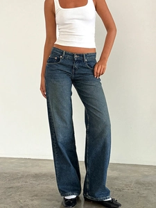 Women's vintage dark blue wide leg denim jeans with low waist and slimming straight fit
