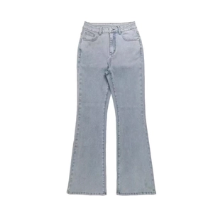 High-waisted light blue flared jeans with classic five-pocket design and washed denim finish