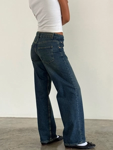 Side view of dark blue wide-leg jeans with vintage wash and classic five-pocket detail