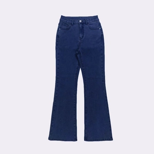 High-waisted dark blue flare jeans with a shaping fit and classic retro bell bottom cut