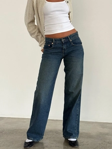 Model wearing dark blue retro wide-leg jeans with vintage washed effect and low-waist fit
