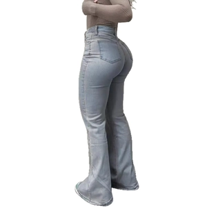 Women high waist stretch flared jeans in light blue denim with butt-lifting design