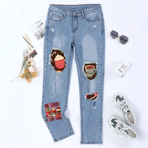 Women's Christmas Ripped Straight Leg Denim Jeans Printed Merry Christmas Washed Casual Mid Waist Holiday Cotton Trousers