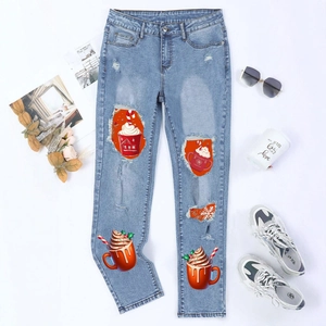 Women Christmas Ripped Print Straight Leg Jeans Mid Waist Washed Denim Pants With Snowflake Hot Cocoa Patchwork Streetwear
