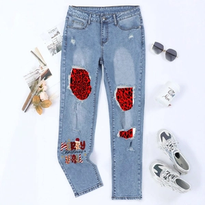 Jeans Femme Noël Déchiré Jambe Droite Denim Bleu Lavé Patch Léopard Imprimé Lettres Merry Christmas Pantalon de Fête