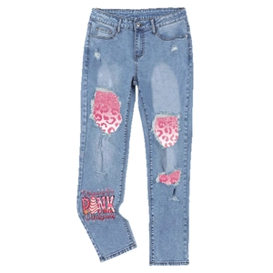 Blaue Ripped-Jeans mit rosa Pailletten, Leopardenmuster und Weihnachts-Grafik