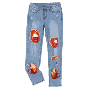 Light blue straight jeans with distressed ripped holes and Christmas pattern print