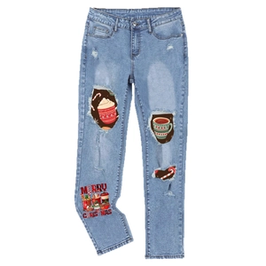 Straight leg light blue distressed jeans featuring Christmas prints and MERRY CHRISTMAS text