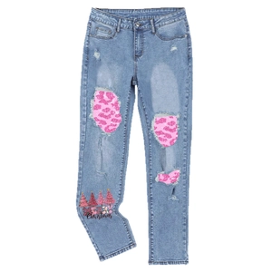 Women's light blue distressed straight jeans with pink sequin leopard lining and Christmas print