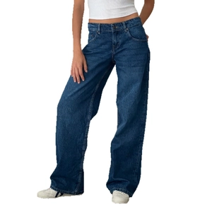 Women's high waist wide leg denim jeans in vintage dark blue with a loose straight fit