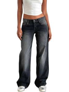Detail of vintage washed dark gray wide leg denim trousers with high waist design