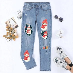 Jeans Strappati da Donna con Stampa Pupazzo di Neve Natale Casual Gamba Dritta Vita Media Pantaloni Denim Lavati Blu Chiaro