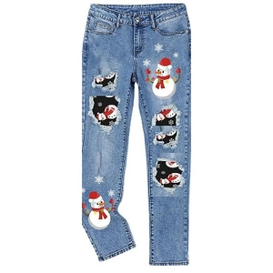 Women Christmas Snowman Print Ripped Denim Jeans Casual Straight Leg Distressed Light Blue Mid Waist Full Length Winter Trousers