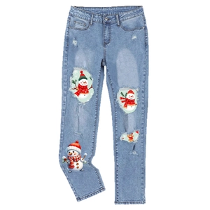 Jean droit bleu clair taille mi-haute avec déchirures et motifs bonhomme de neige