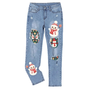 Jean bleu déchiré coupe droite pour femme avec imprimés festifs de bonhomme de neige