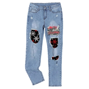 Women's light blue distressed straight jeans with Merry Christmas print and festive patches