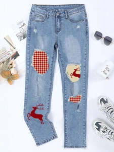 Women Christmas Reindeer Ripped Jeans Distressed Plaid Patchwork Denim Pants Streetwear High Waist Straight Leg Trousers