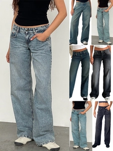 Women Retro Wide Leg Jeans Washed Denim Pants Mid Waist Slimming Straight Casual Trousers For Daily Streetwear