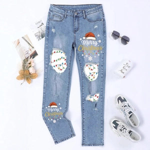 Women Christmas Print Ripped Straight Leg Jeans Merry Christmas Washed Blue Denim Pants Casual Mid Waist Holiday Trousers