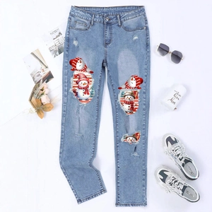 Women Christmas Snowman Printed Ripped Jeans Light Blue Washed Distressed Straight Leg Denim Pants Streetwear Holiday Bottoms