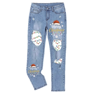 Light blue ripped jeans with Merry Christmas print and festive snowflake patterns
