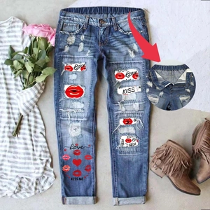 Women Mid Waist Straight Jeans Distressed Hole Denim Pants Valentine Lip Heart Print Elastic Waist Cuffed Jeans For Women