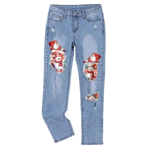 Women's light blue distressed jeans with festive snowman print patches and straight cut