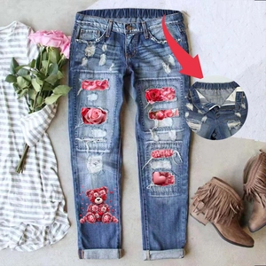 Damen Mode Valentinstag Rose Blumendruck Zerrissene Jeans Herz Pailletten Elastische Taille Distressed Gerade Denim Hose
