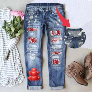 Women Fashion Heart Balloon Print Distressed Denim Jeans Straight Leg Mid Waist Elastic Waistband Vintage Washed Pants