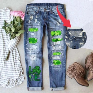 St. Patrick's Day Women's Distressed Straight Leg Jeans Cotton Shamrock Print Ripped Mid Waist Elastic Denim Pants Streetwear