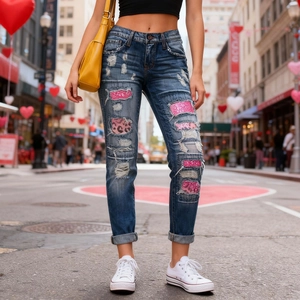Women's ripped jeans with pink sequins and leopard print patches in dark blue wash