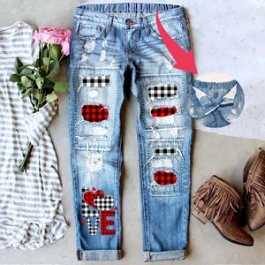 Women's distressed straight jeans with plaid patches and LOVE print heart design