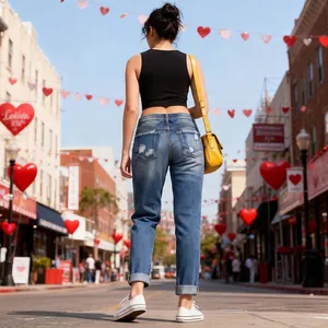 Women blue ripped jeans with distressed back pocket detail in trendy outdoor streetwear style
