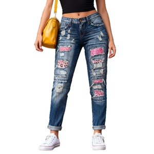 Women's mid-blue slim jeans with pink leopard print patches and sequin ripped details