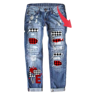 Women's mid-waist straight distressed blue jeans with plaid patches and love prints