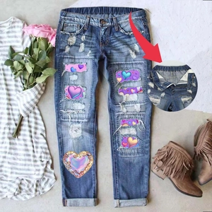 Dames Jeans met Hoge Taille Hartprint Gescheurde Rechte Pijpen Distressed Denim Broek Mode Streetwear Elastische Taille